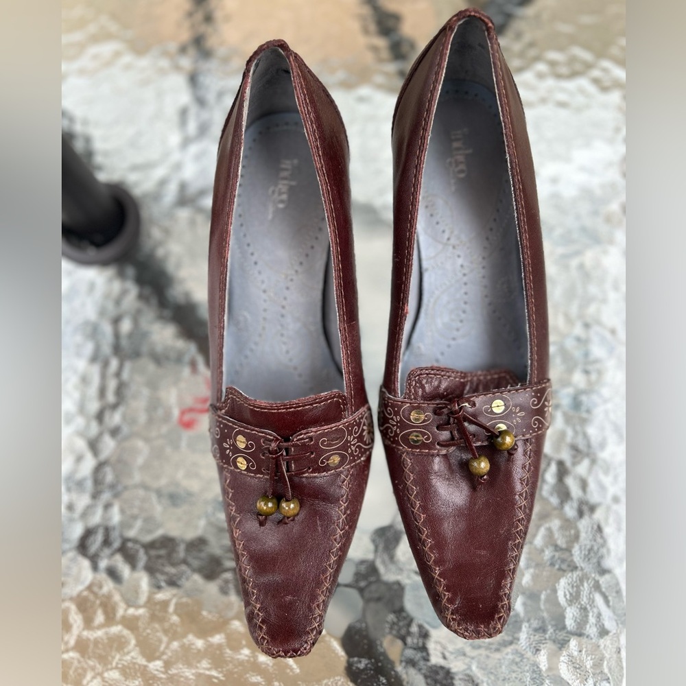 Indigo by Clark’s size 8 leather pointy toe brown steampunk witchy heel loafers